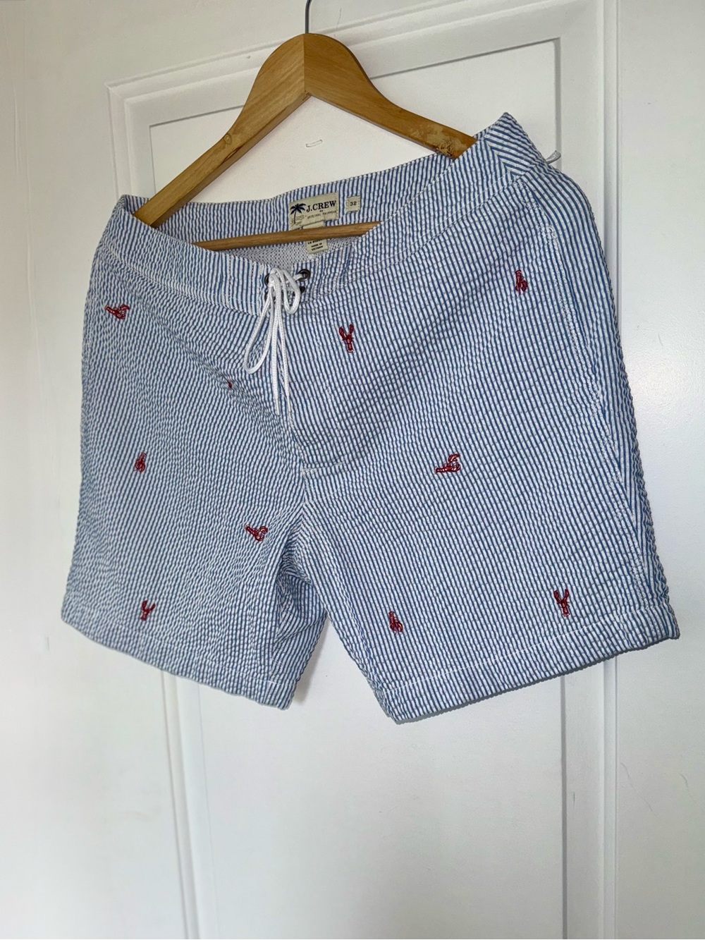 J. Crew Blue and White Seersucker Lobster Embroidered Swim Trunks - EUC - Picture 5 of 5